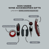 Don Vassie wine accessories gift set 4 pieces in a barrel shaped magnetic box
