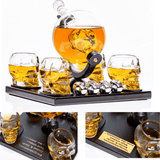 Don Vassie Custom Engraved Skull Globe Decanter Set with 4 skull shot glasses+4 stainless steel skull stones