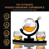 Don Vassie Etched Globe Whiskey Decanter Set - 2 etched globe whiskey Glasses