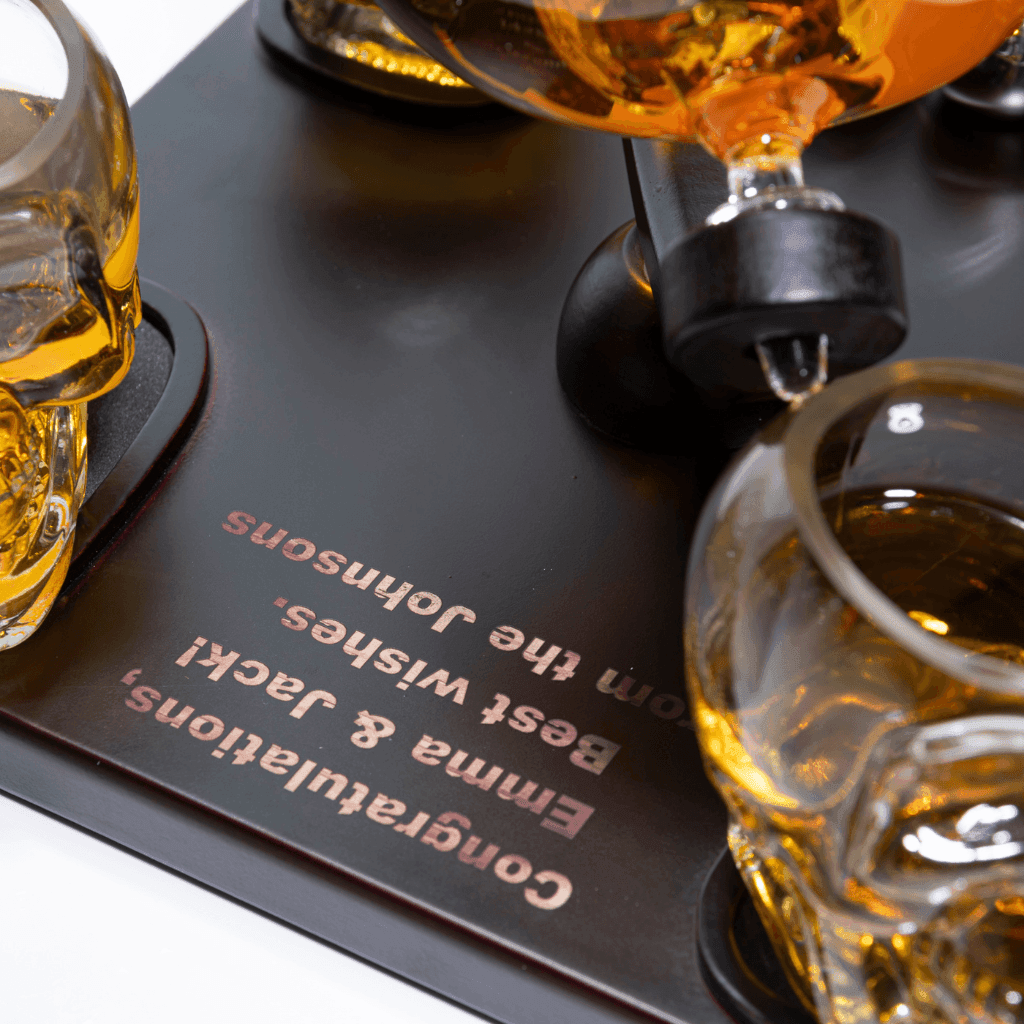 Don Vassie Custom Engraved Skull Globe Decanter Set with 4 skull shot glasses+4 stainless steel skull stones