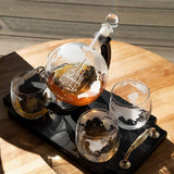 Don Vassie Globe Decanter Set 850ml with 4 Glasses and Wooden tray base with gold handles