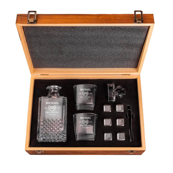 Custom Engraved Whiskey Decanter Set with Stainless Steel Stones and a Wooden Gift Box