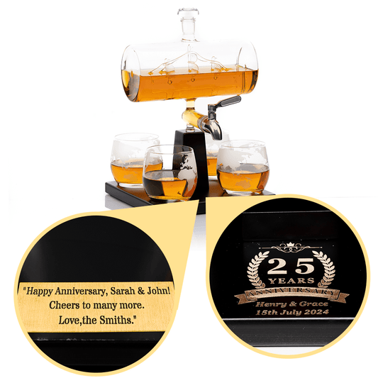 Custom Engraved Don Vassie Sailboat Decanter 1000ml with Antique Ship and 4 Etched Globe Glasses
