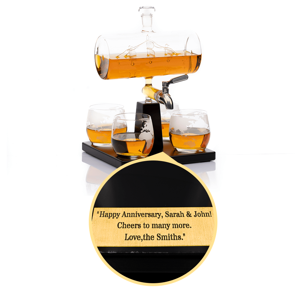 Custom Engraved Don Vassie Sailboat Decanter 1000ml with Antique Ship and 4 Etched Globe Glasses