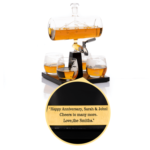 Custom Engraved Don Vassie Sailboat Decanter 1000ml with Antique Ship and 4 Etched Globe Glasses