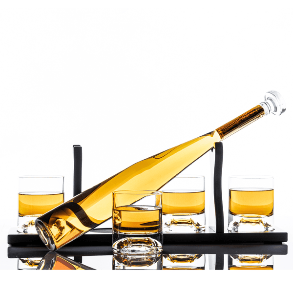 Don Vassie Baseball Bat Decanter with 4 Baseball Whisky Glasses and Mahogany Wooden Base