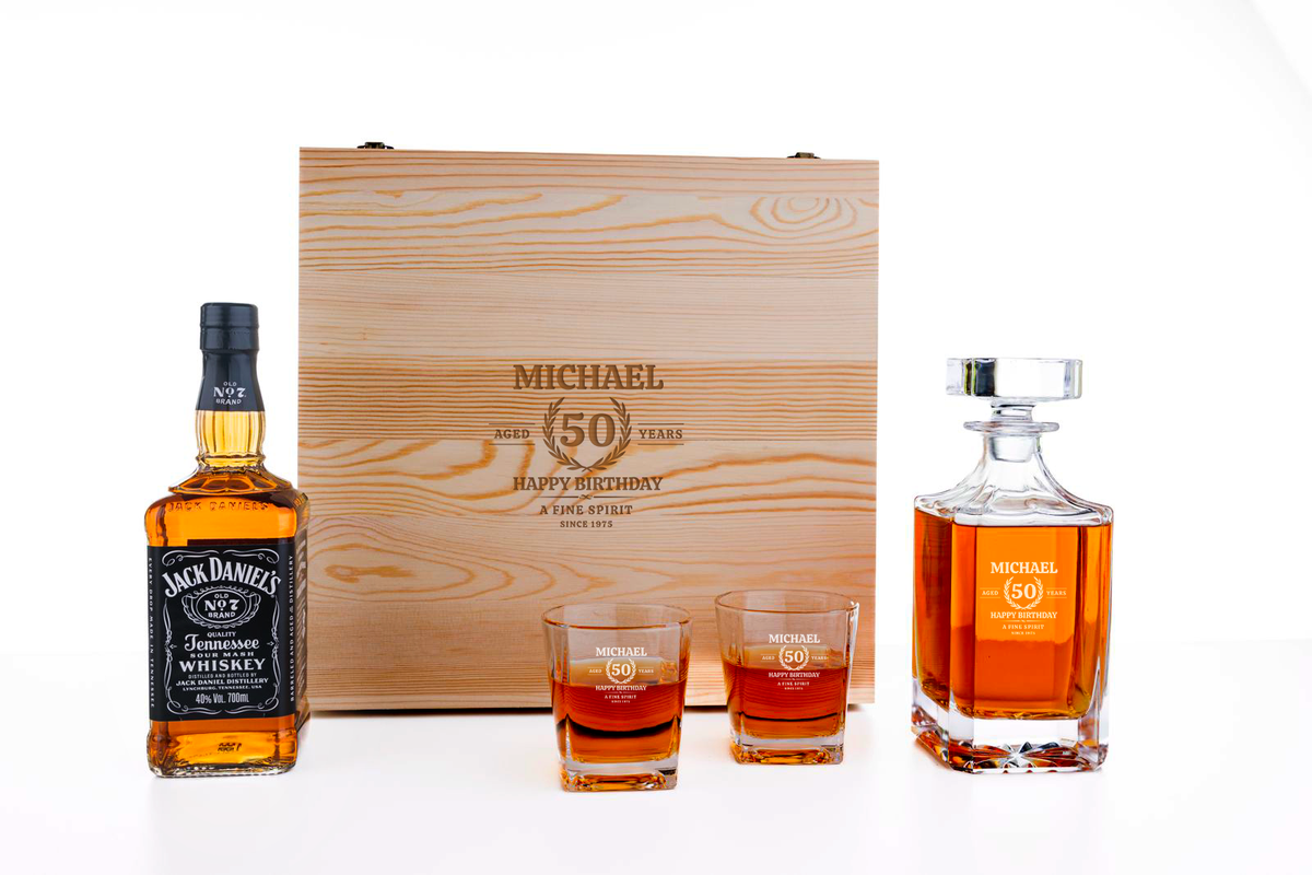 Jack Daniels  Personalised Whisky Decanter Gift Set with Engraved Wooden Box