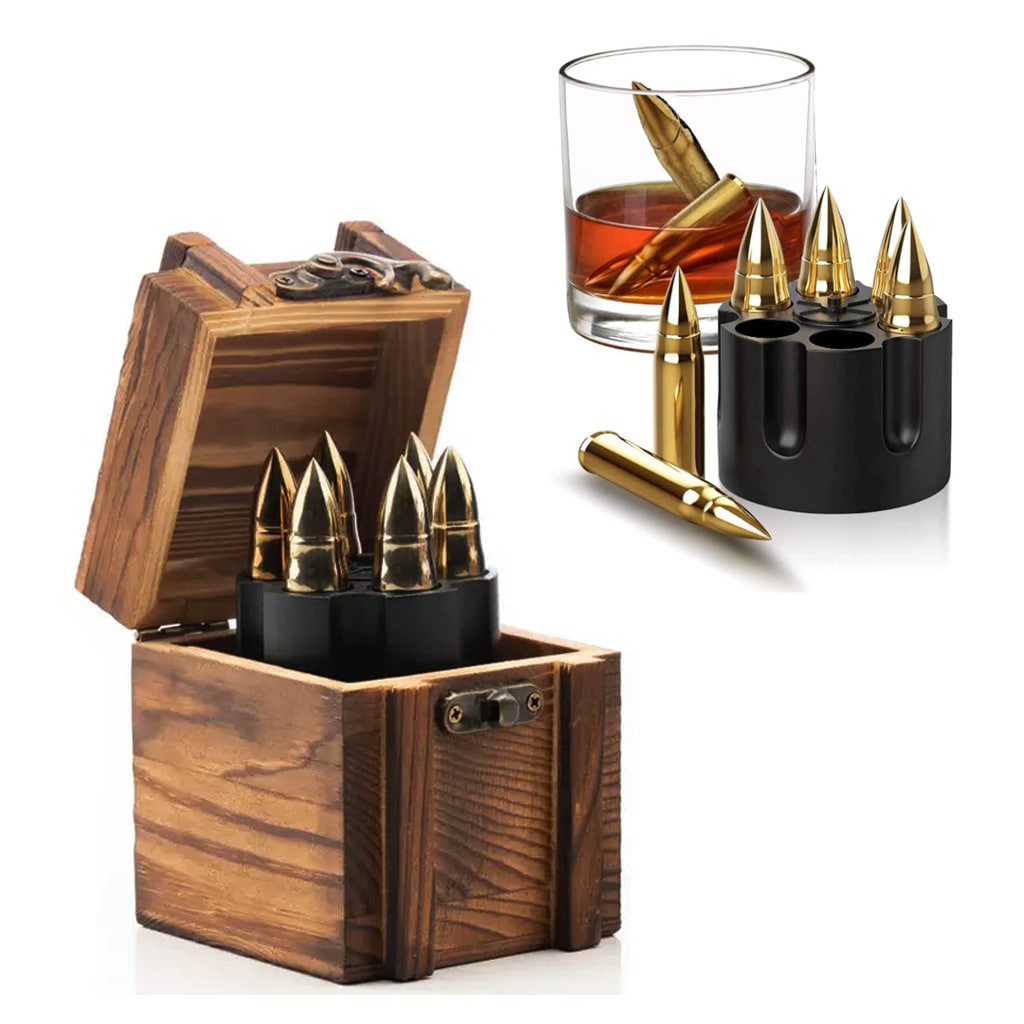 XL Whisky Bullet Chillers 6 pcs Golden with a Revolver Base and a Wooden Box.