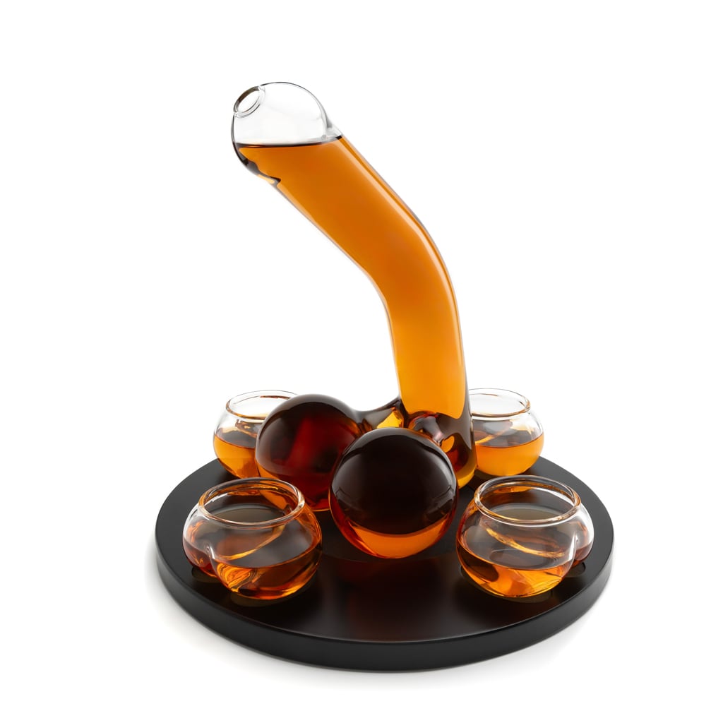 Penis Decanter 850ml with 4 shot glasses 140ml and a rich classic wooden base