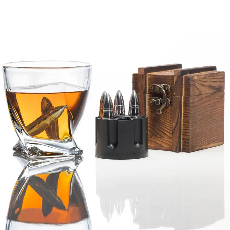 XL Whisky Silver Bullet Chillers with Revolver Holder and a Wooden Box