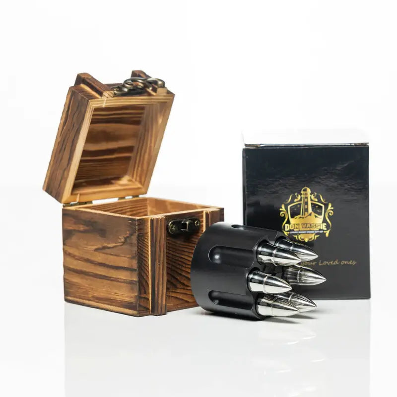 XL Whisky Silver Bullet Chillers with Revolver Holder and a Wooden Box