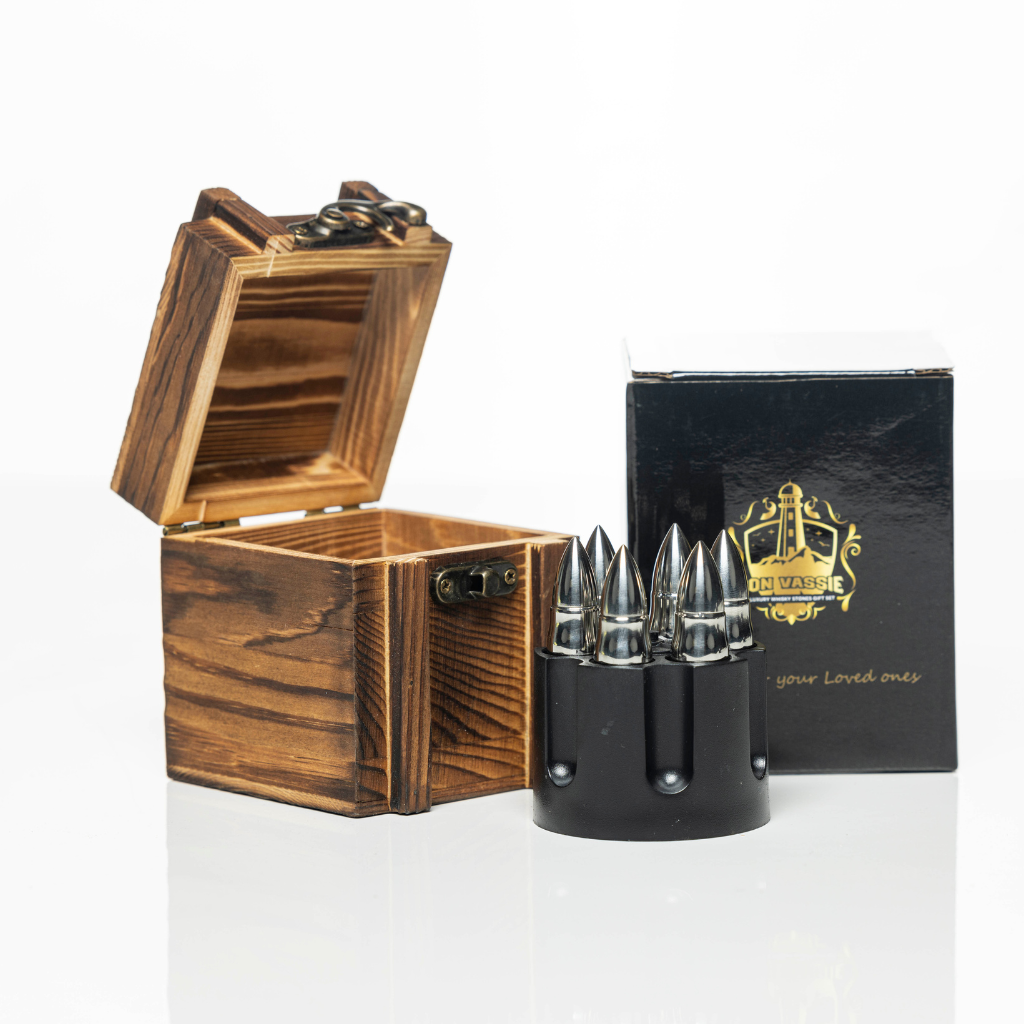 XL Whisky Silver Bullet Chillers with Revolver Holder and a Wooden Box