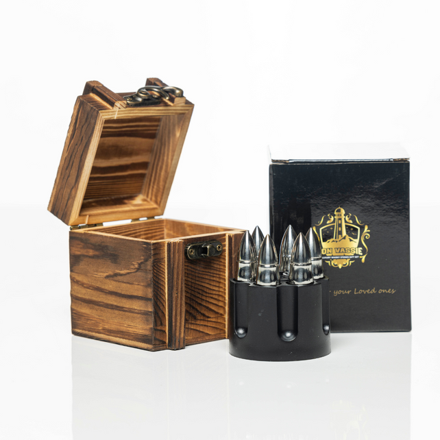 XL Whisky Silver Bullet Chillers with Revolver Holder and a Wooden Box