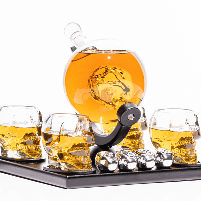 Skull Globe Decanter Set with 4 skull shot glasses+4 stainless steel skull stones