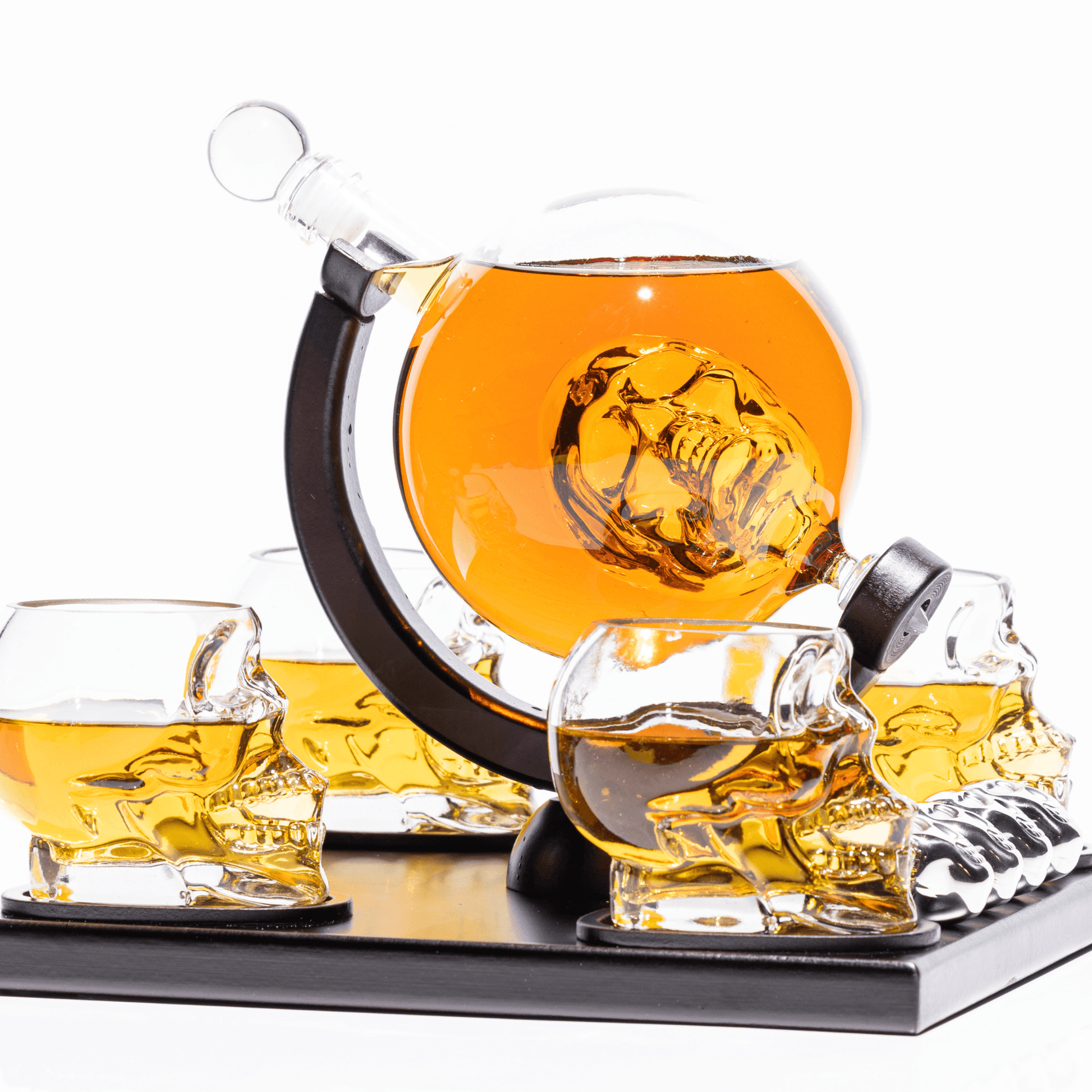 Skull Globe Decanter Set with 4 skull shot glasses+4 stainless steel skull stones