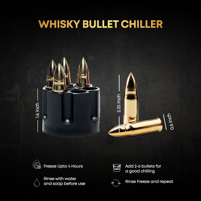 XL Whisky Bullet Chillers 6 pcs Golden with a Revolver Base and a Wooden Box.