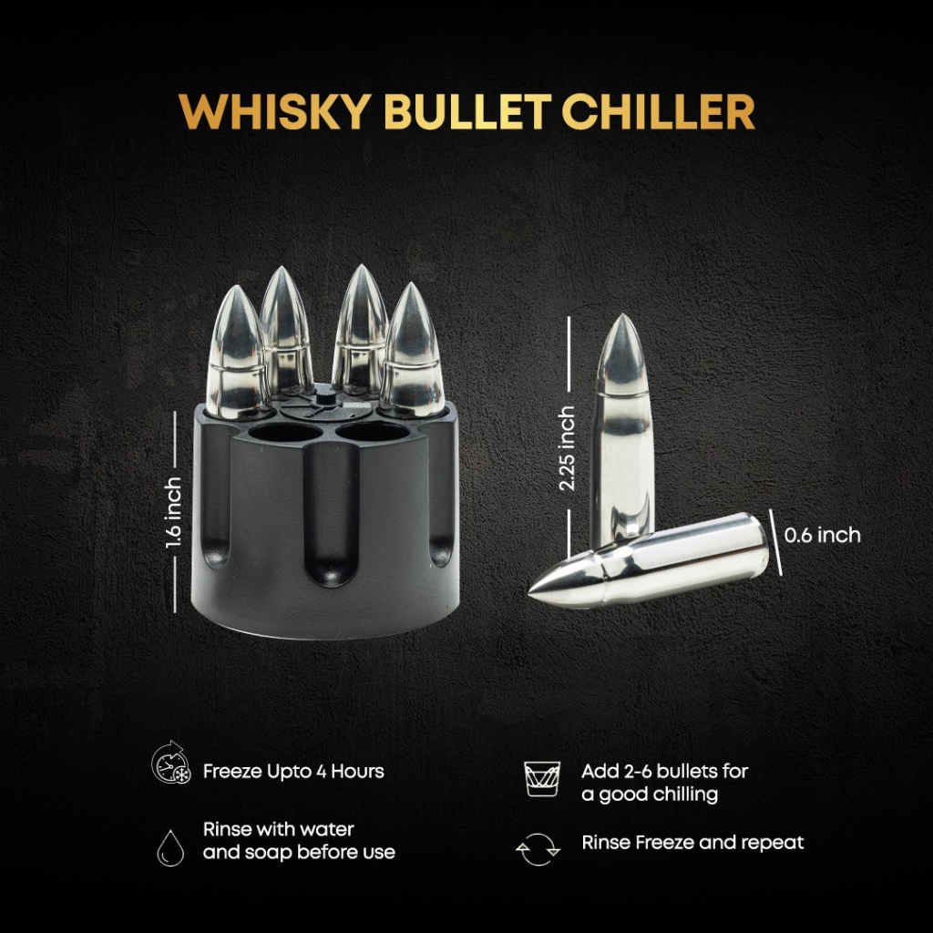 XL Whisky Silver Bullet Chillers with Revolver Holder and a Wooden Box