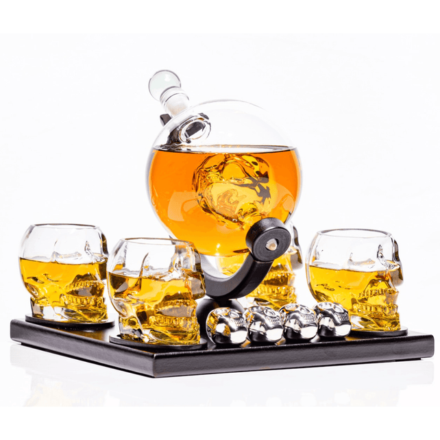 Skull Globe Decanter Set with 4 skull shot glasses+4 stainless steel skull stones