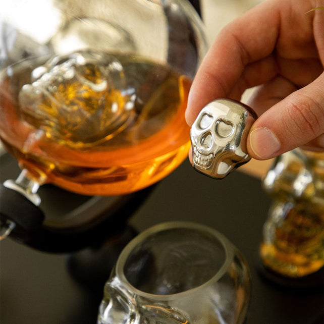 Skull Globe Decanter Set with 4 skull shot glasses+4 stainless steel skull stones