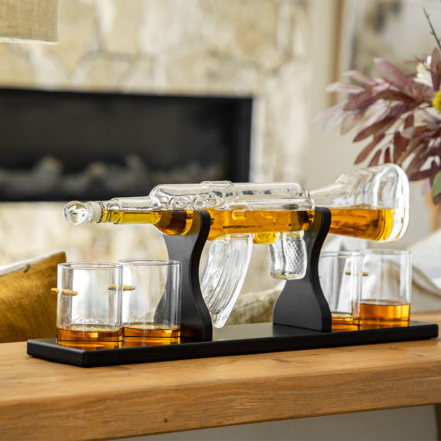 Limited Edition 800ml Elegant Rifle Gun Whiskey Decanter with 4 Bullet Whiskey Glasses and Mahogany Wooden Base