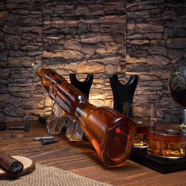 Limited Edition 800ml Elegant Rifle Gun Whiskey Decanter with 4 Bullet Whiskey Glasses and Mahogany Wooden Base