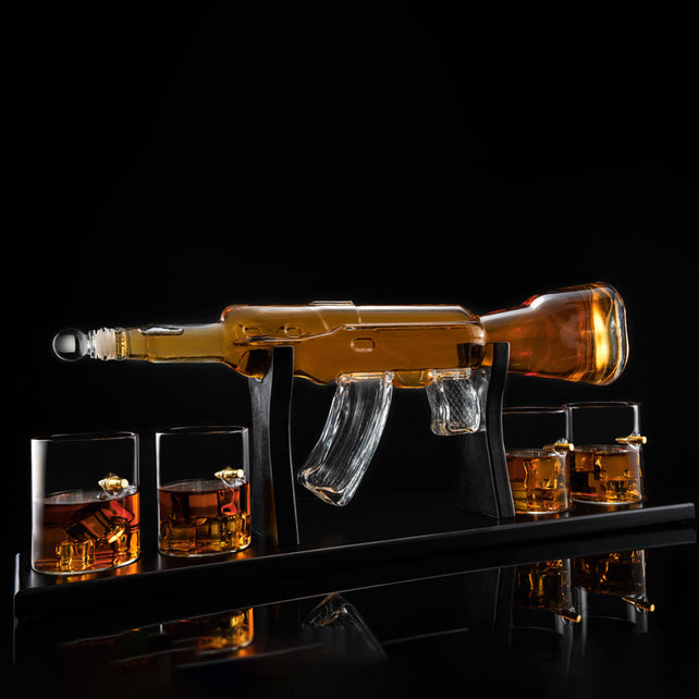 Limited Edition 800ml Elegant Rifle Gun Whiskey Decanter with 4 Bullet Whiskey Glasses and Mahogany Wooden Base