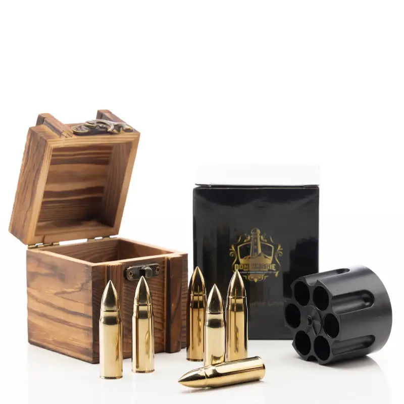 XL Whisky Bullet Chillers 6 pcs Golden with a Revolver Base and a Wooden Box.